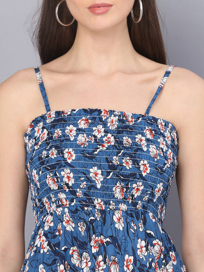 Blue Flower Printed Shoulder Straps Long Bobbin Elastic Gown