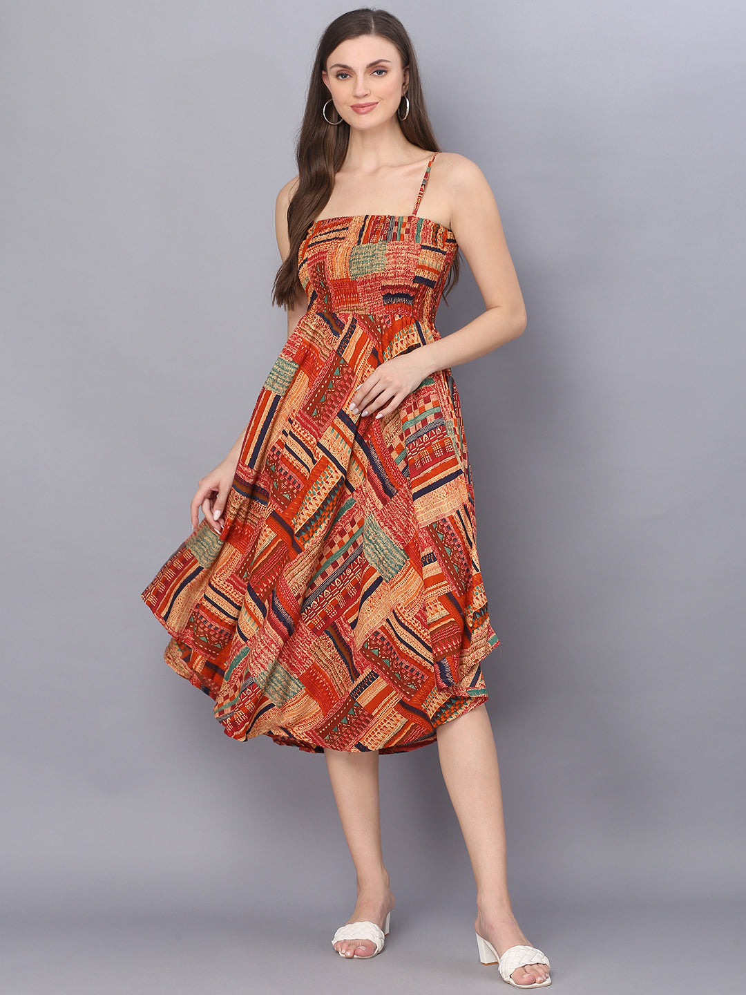 Brown Geometric Printed Shoulder Straps Long Gown