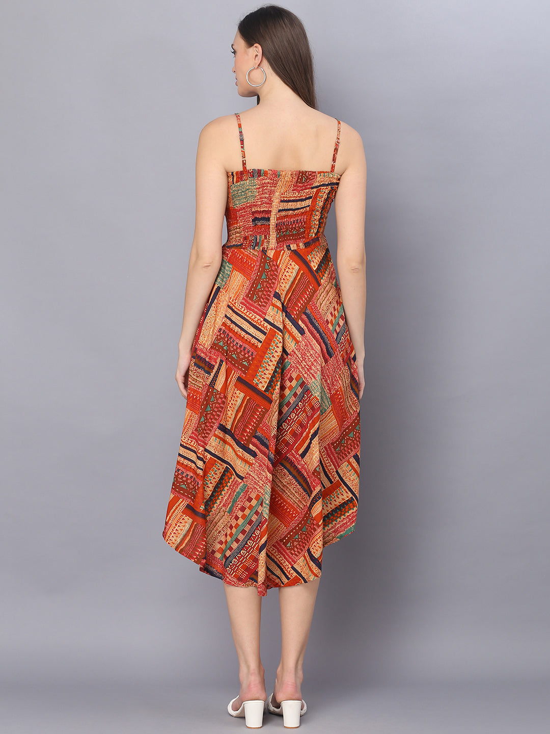 Brown Geometric Printed Shoulder Straps Long Gown
