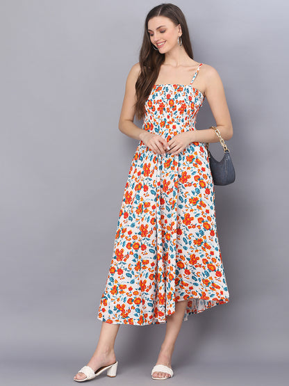 White Flower Printed Shoulder Straps Long Gown