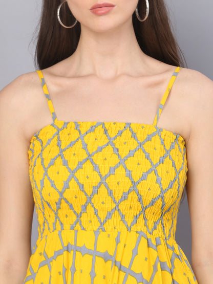 Yellow Checks Printed Shoulder Straps Long Gown
