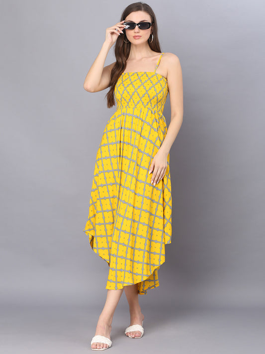 Yellow Checks Printed Shoulder Straps Long Gown