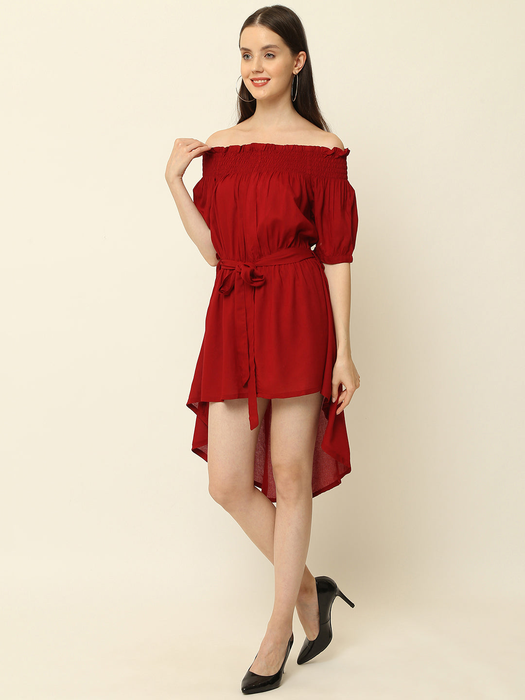 Maroon Off Shoulder High Low One Piece Dress
