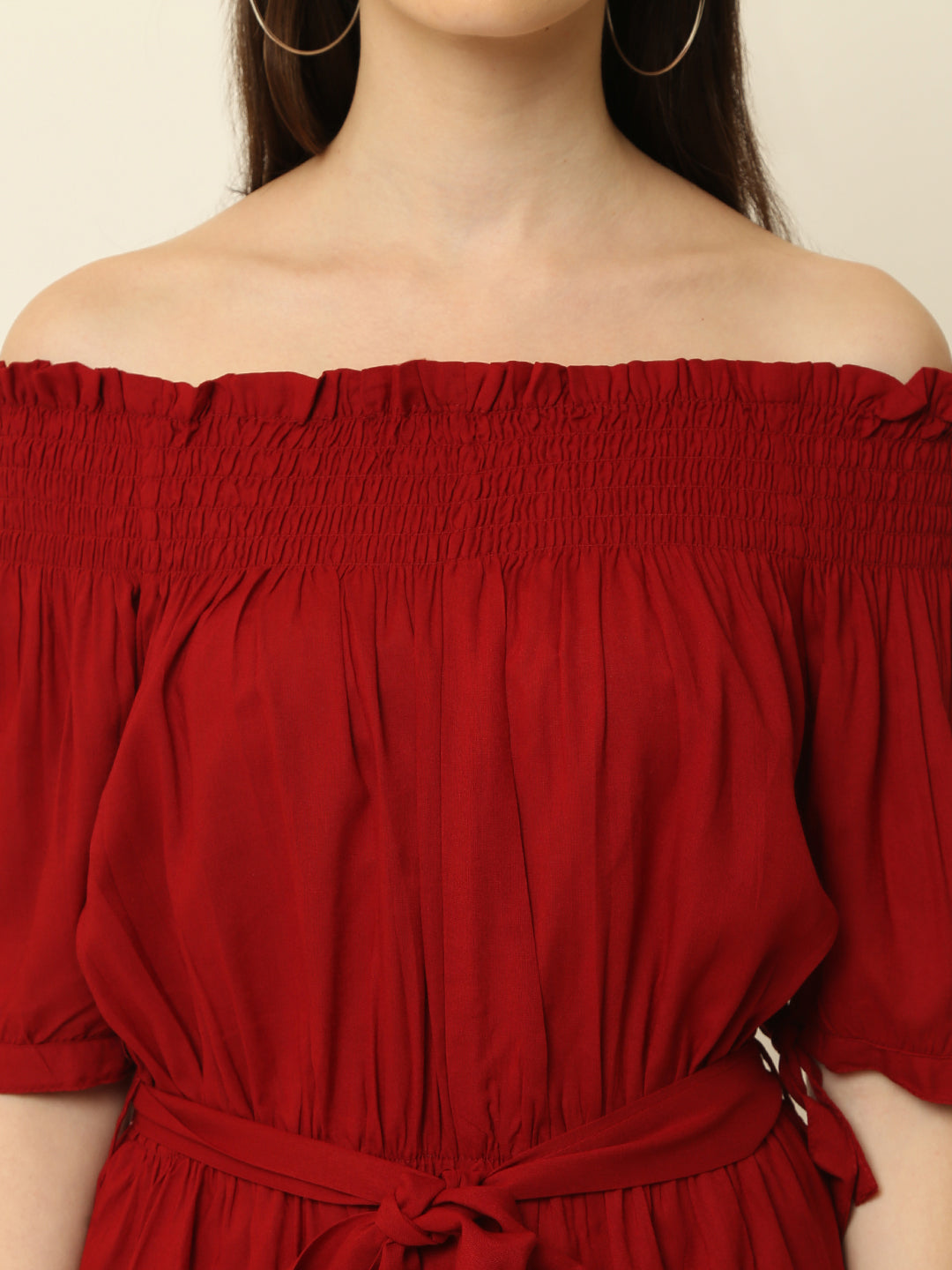 Maroon Off Shoulder High Low One Piece Dress