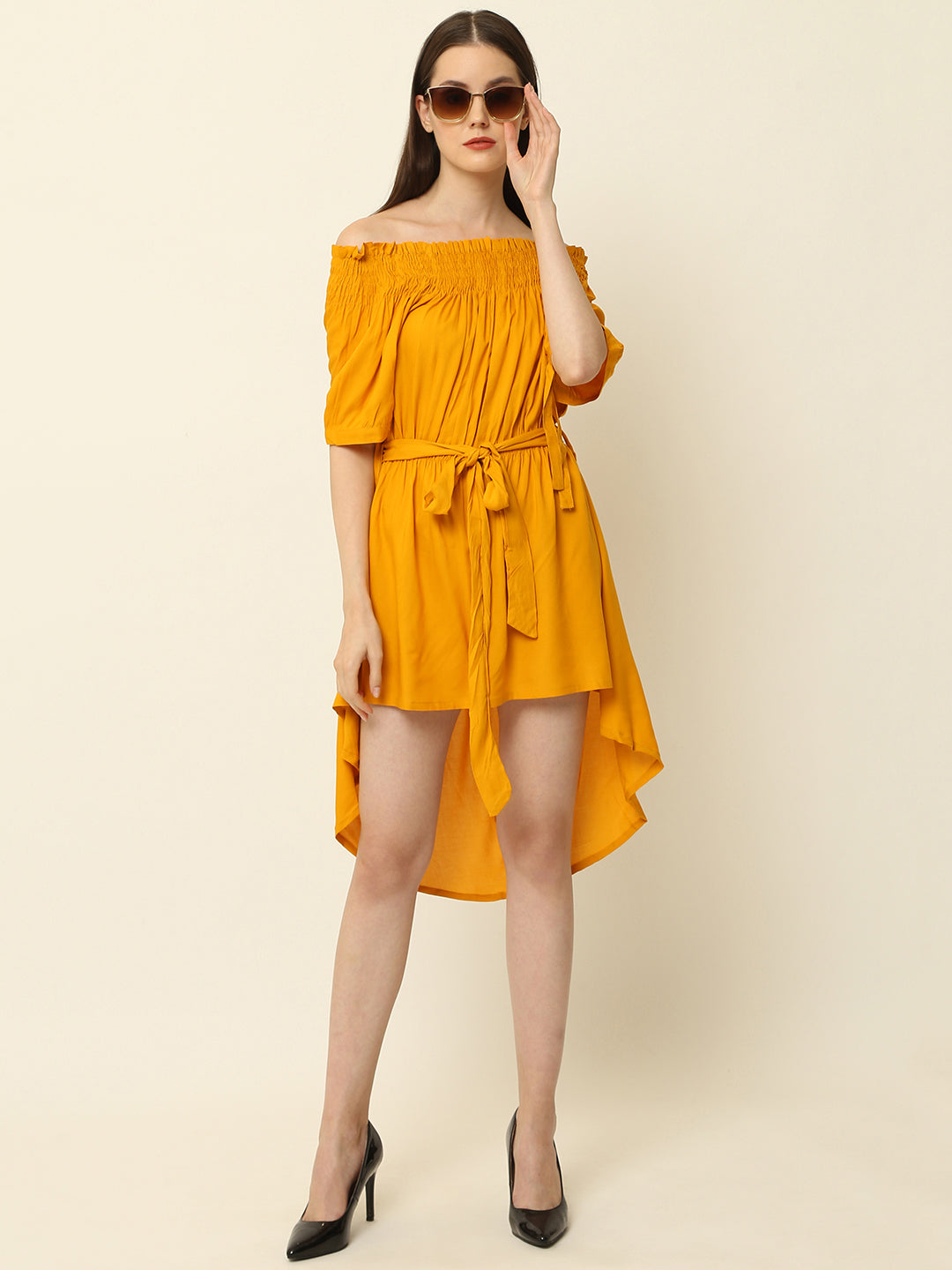 Mustard Yellow Off Shoulder High Low One Piece Dress