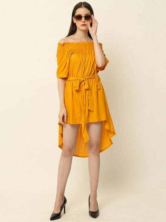 Mustard Yellow Off Shoulder High Low One Piece Dress