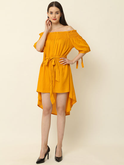 Mustard Yellow Off Shoulder High Low One Piece Dress