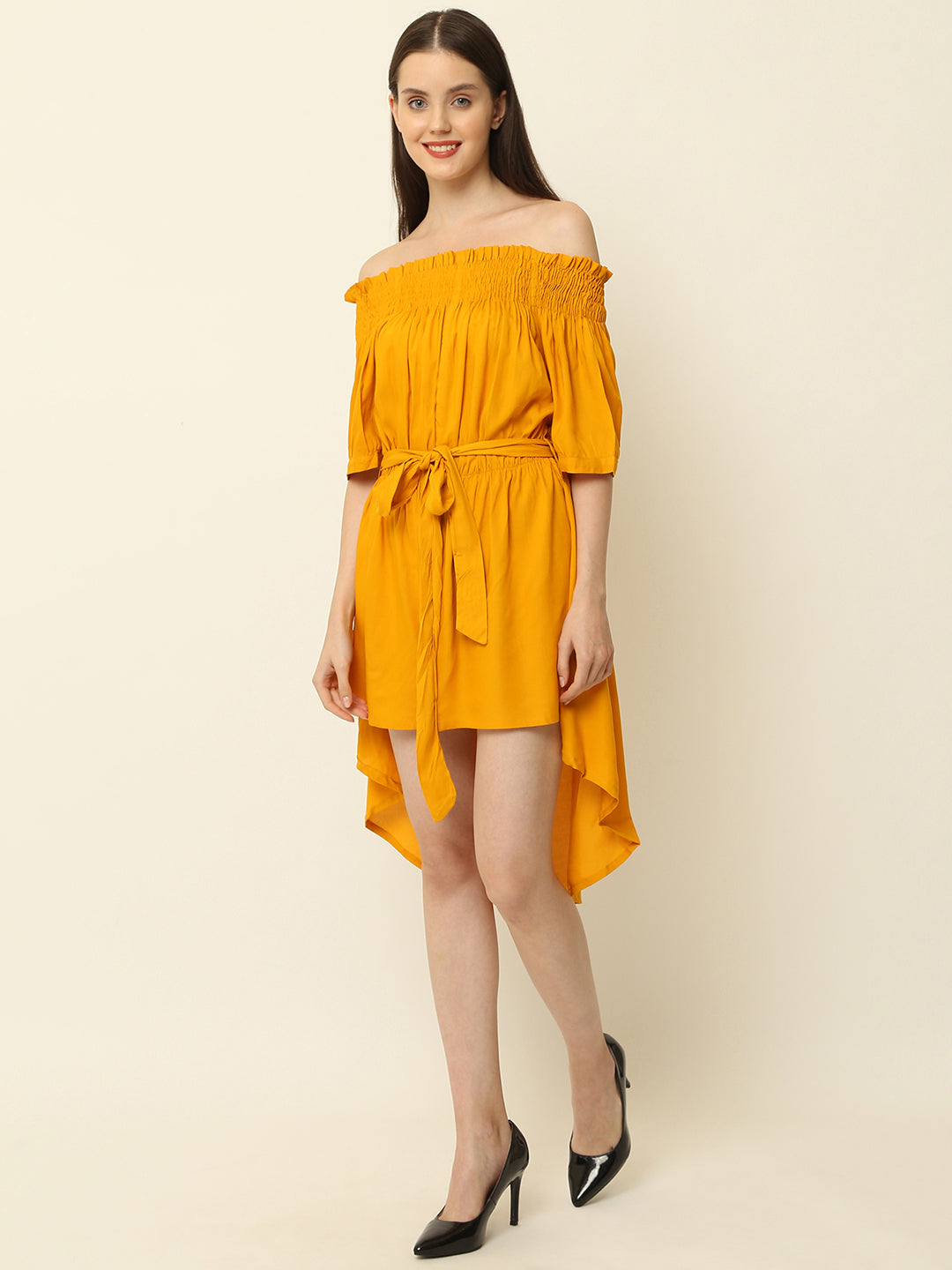 Mustard Yellow Off Shoulder High Low One Piece Dress