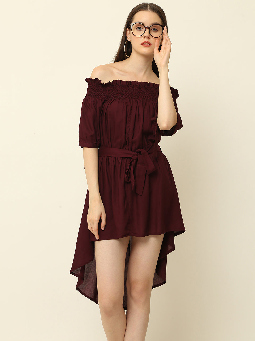 Wine Off Shoulder High Low One Piece Dress