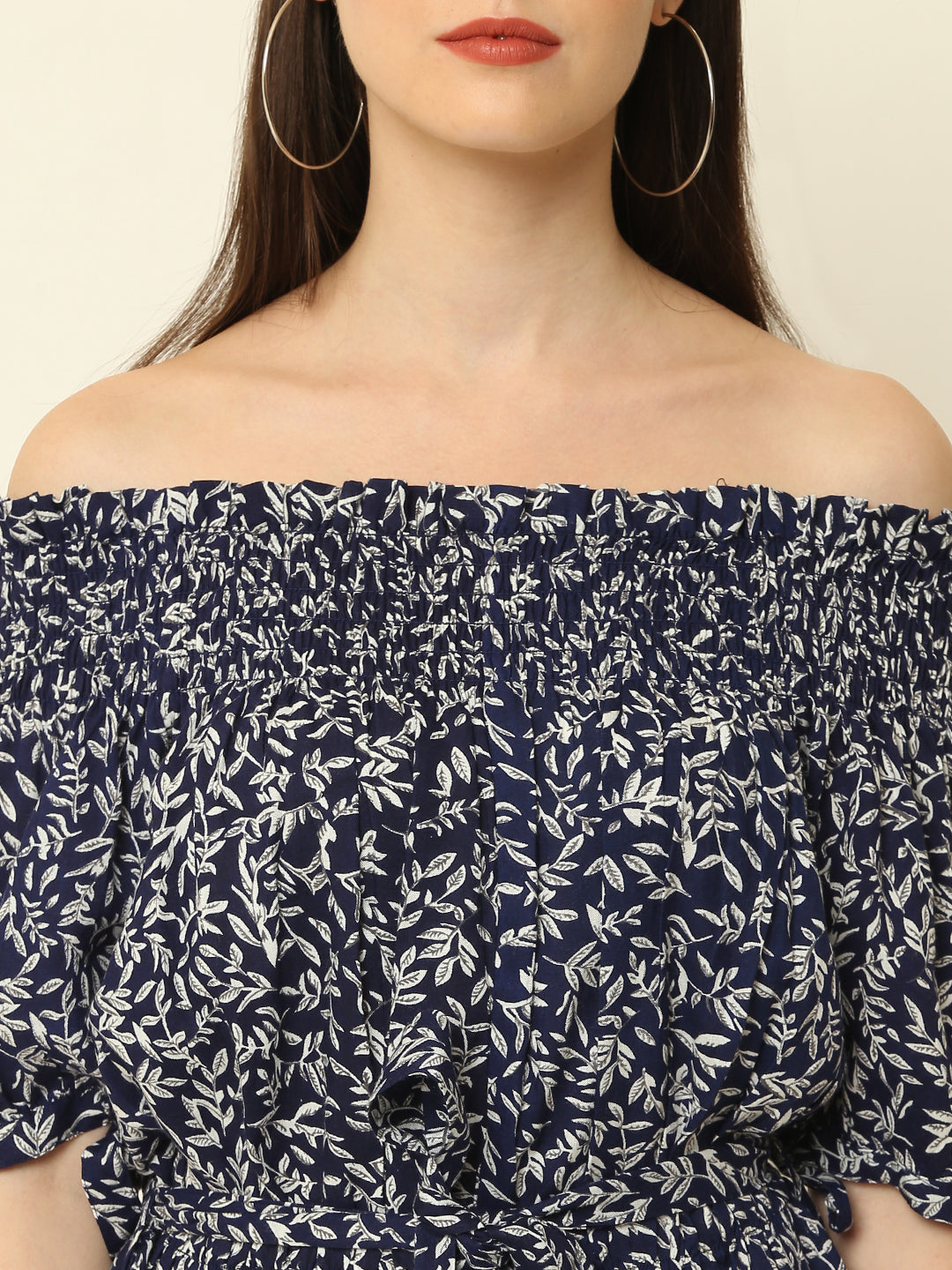 Blue Leaves Printed Off Shoulder High Low One Piece Dress