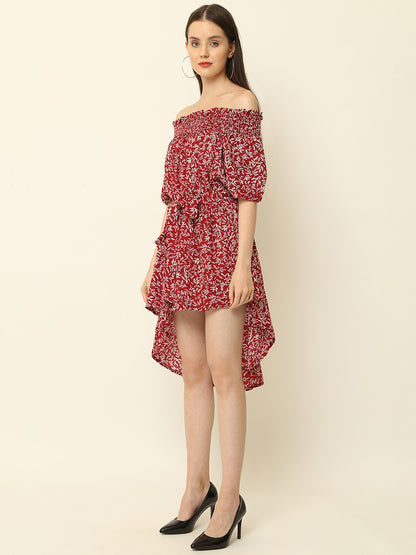 Maroon Leaves Printed Off Shoulder High Low One Piece Dress