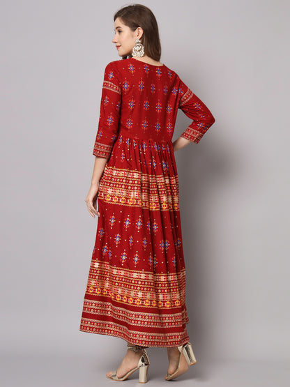 Maroon Designer Foil Printed Round Neck  Anarkali Kurta