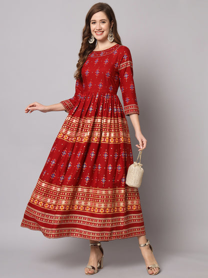 Maroon Designer Foil Printed Round Neck  Anarkali Kurta