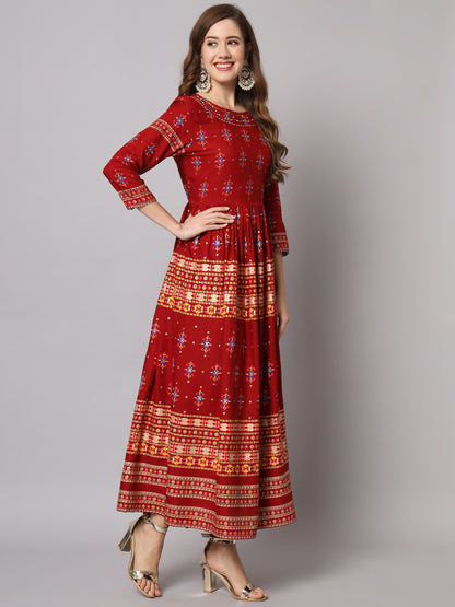 Maroon Designer Foil Printed Round Neck  Anarkali Kurta