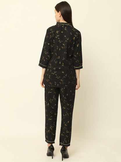 Black Floral Gold Printed Cotton Night Suit
