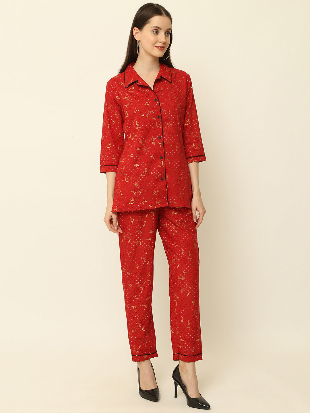 Maroon Floral Gold Printed Cotton Night Suit