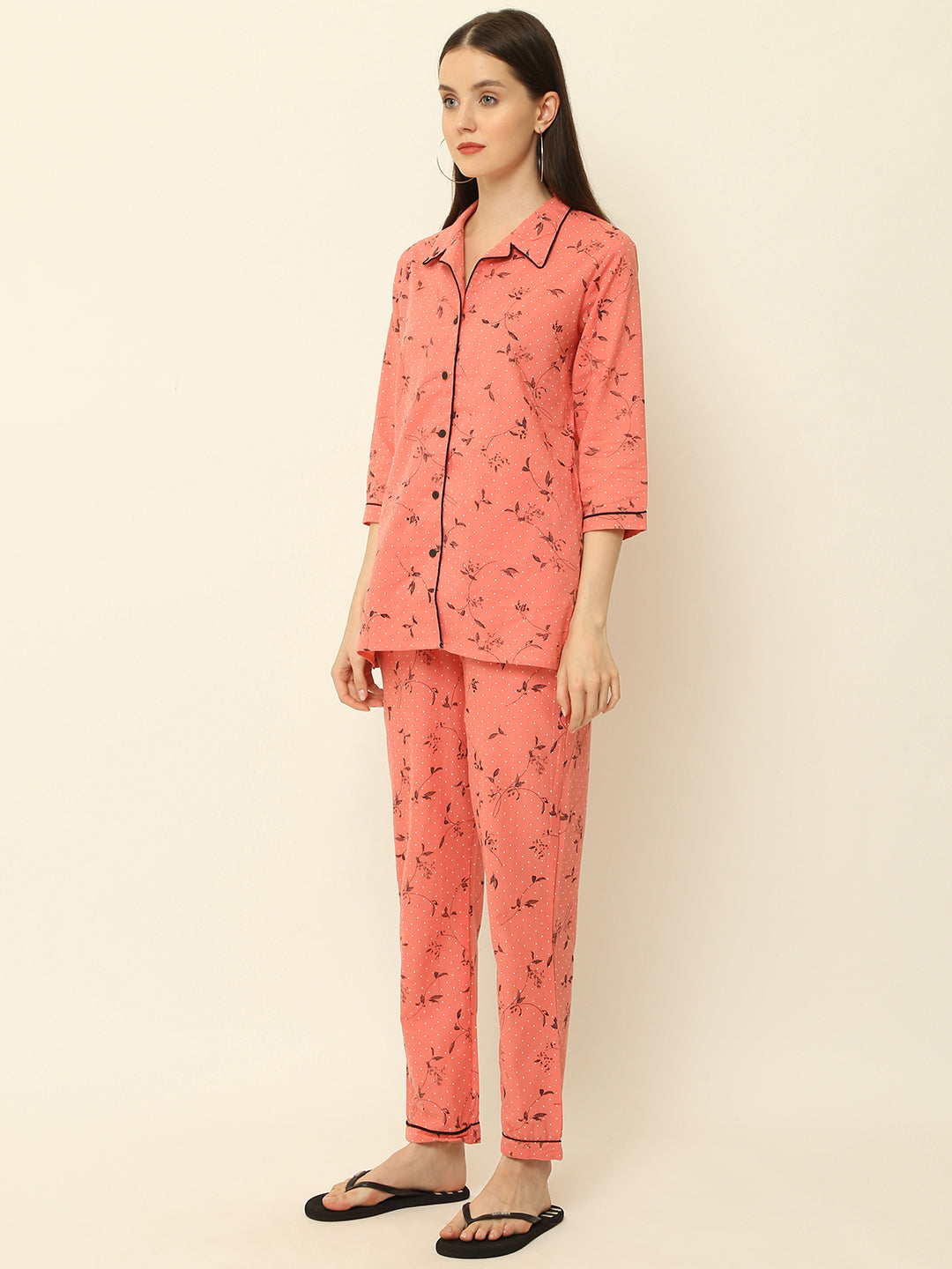 Baby Pink Floral Gold Printed Cotton Night Suit