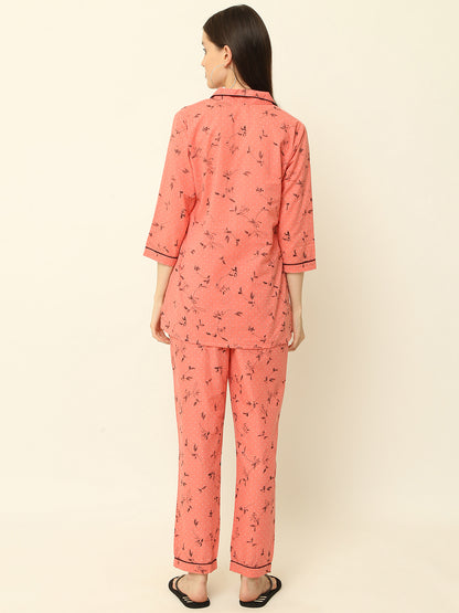 Baby Pink Floral Gold Printed Cotton Night Suit