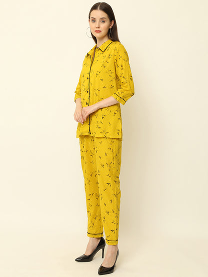 Yellow Floral Gold Printed Cotton Night Suit