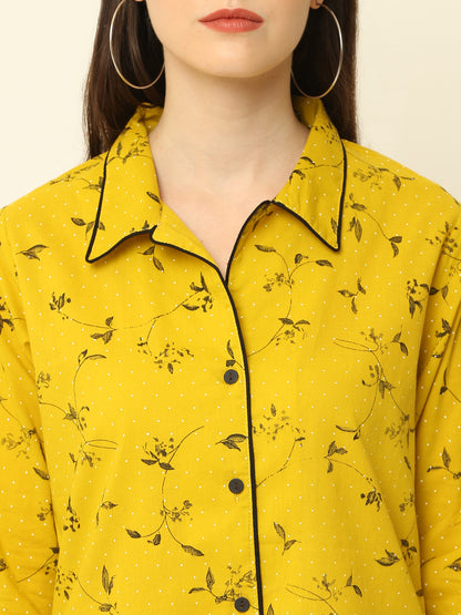 Yellow Floral Gold Printed Cotton Night Suit