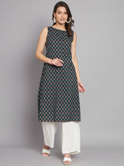 Boat Neck Booti Printed Dark Olive Cotton Sleeve less kurta