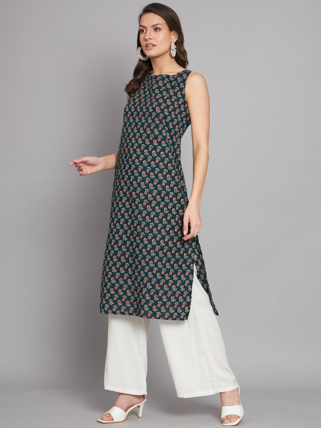 Boat Neck Booti Printed Dark Olive Cotton Sleeve less kurta