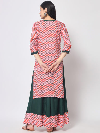 Booti Printed Straight Rayon Pink Kurta with Skirt