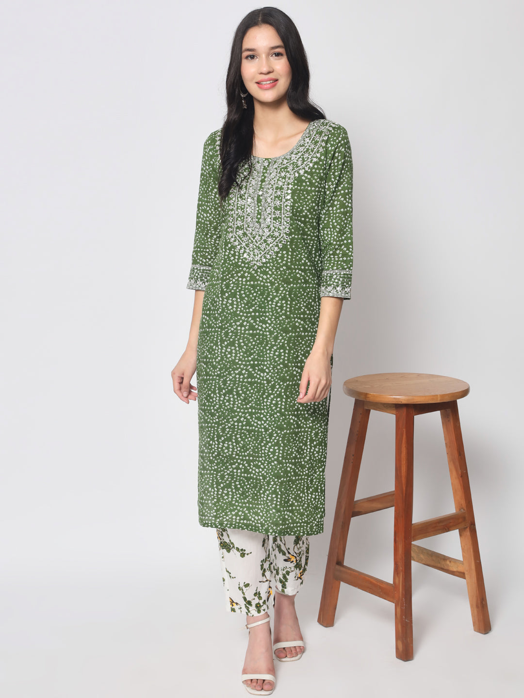 Bandhej Printed Straight Embroidered Cotton Kurta with Trouser