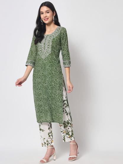 Bandhej Printed Straight Embroidered Cotton Kurta with Trouser