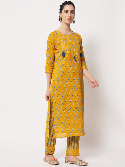 Yellow Booti Printed Zari Work Straight Kurta with Pant & matching Dupatta