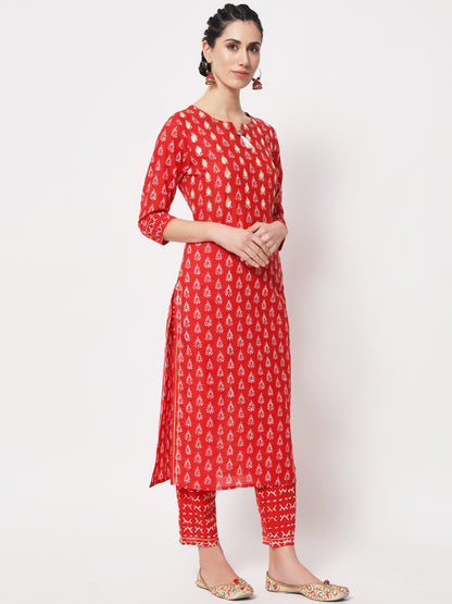 Red Embroidered Straight Kurta with Pant & matching Dupatta