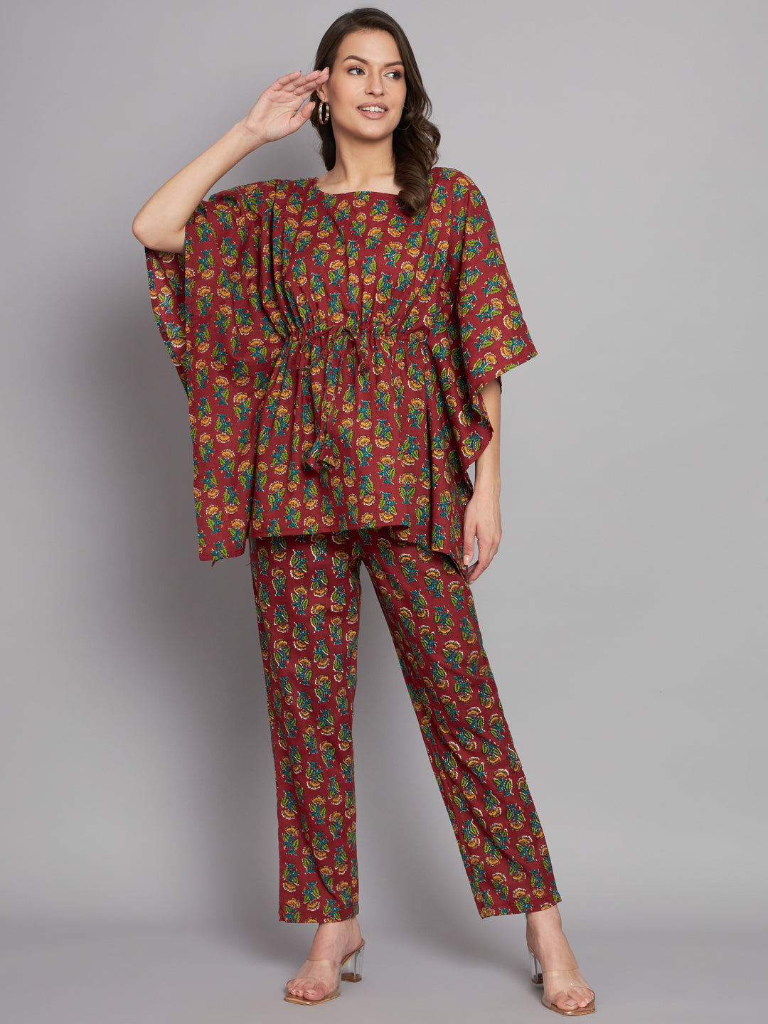 Booti Printed Maroon Kaftan Co-Ord Set