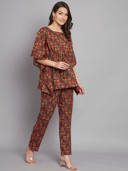 Booti Printed Maroon Kaftan Co-Ord Set