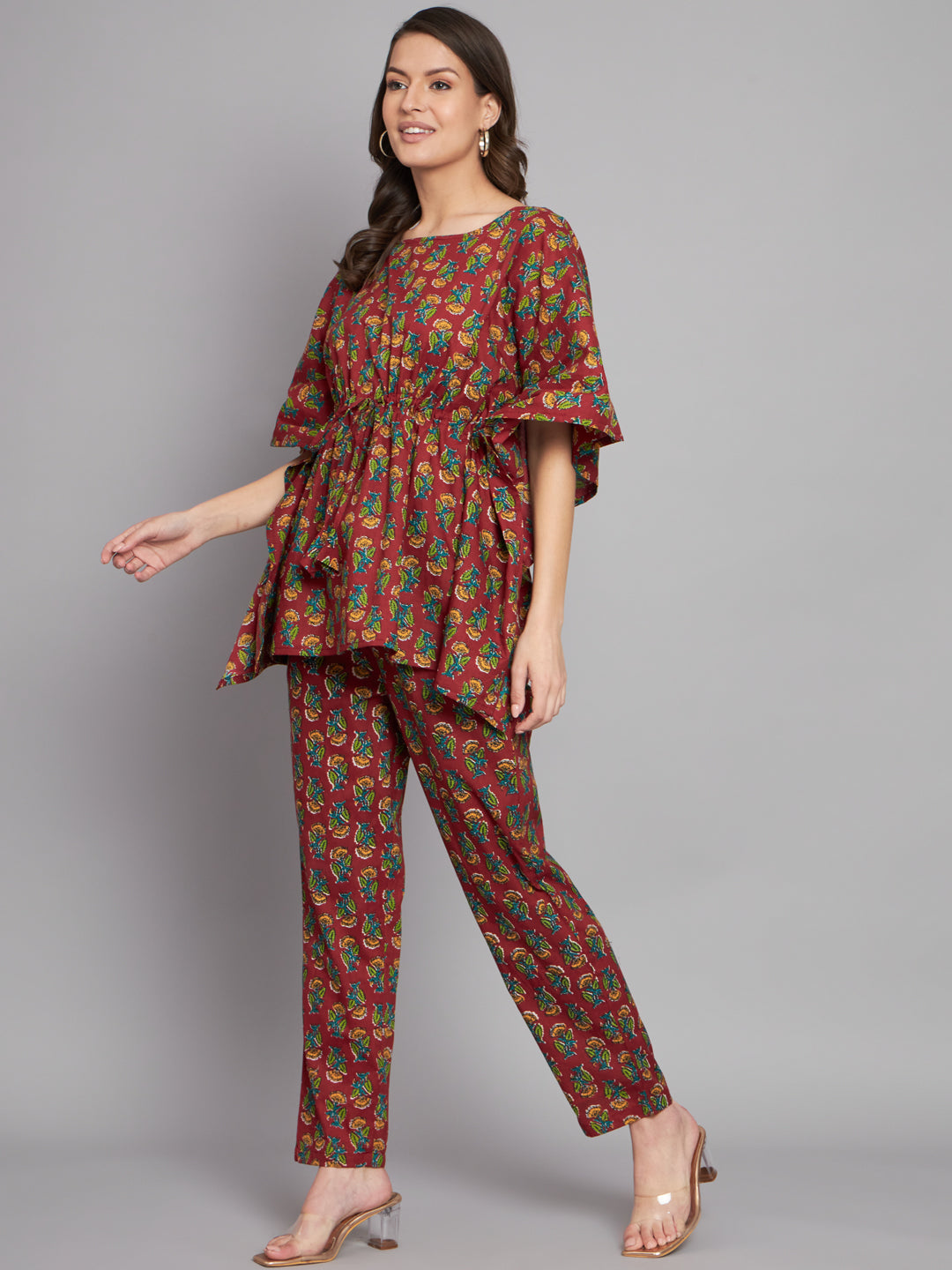 Booti Printed Maroon Kaftan Co-Ord Set