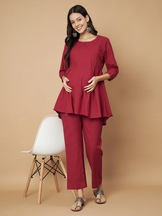 Solid Maroon Maternity Co-Ord Set with Zip