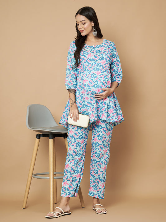 Sky Blue Floral Printed Maternity Co-Ord Set with Zip