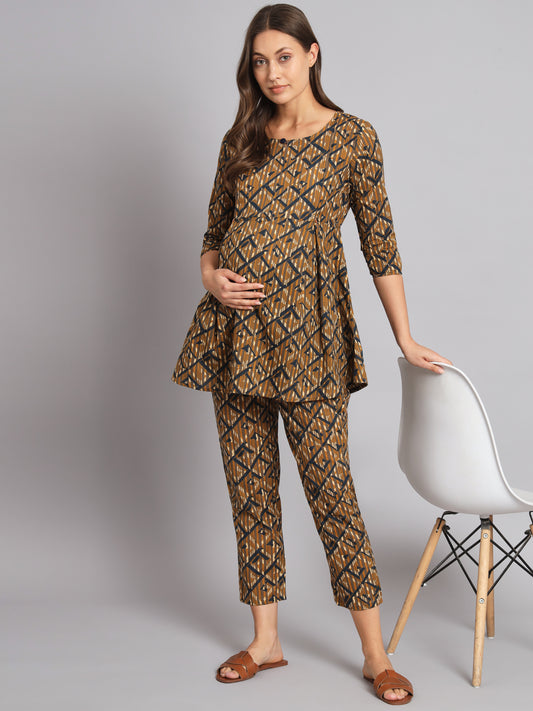 Brown Abstract Printed Maternity Co-Ord Set with Zip