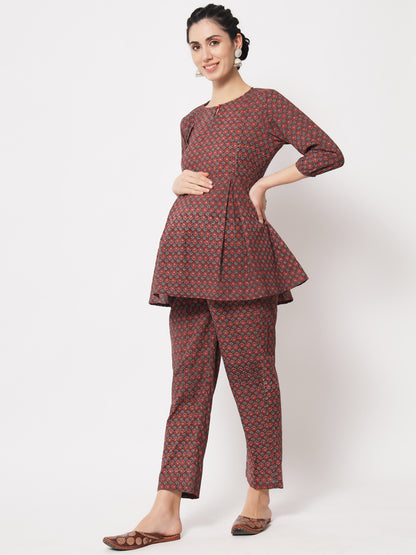 Maroon Abstract Printed Maternity Co-Ord Set with Zip