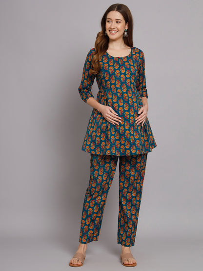 Blue Booti Printed Maternity Co-Ord Set with Zip
