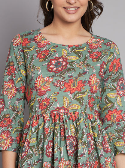 Olive Green Flower Printed Pure Cotton Co-Ord Set