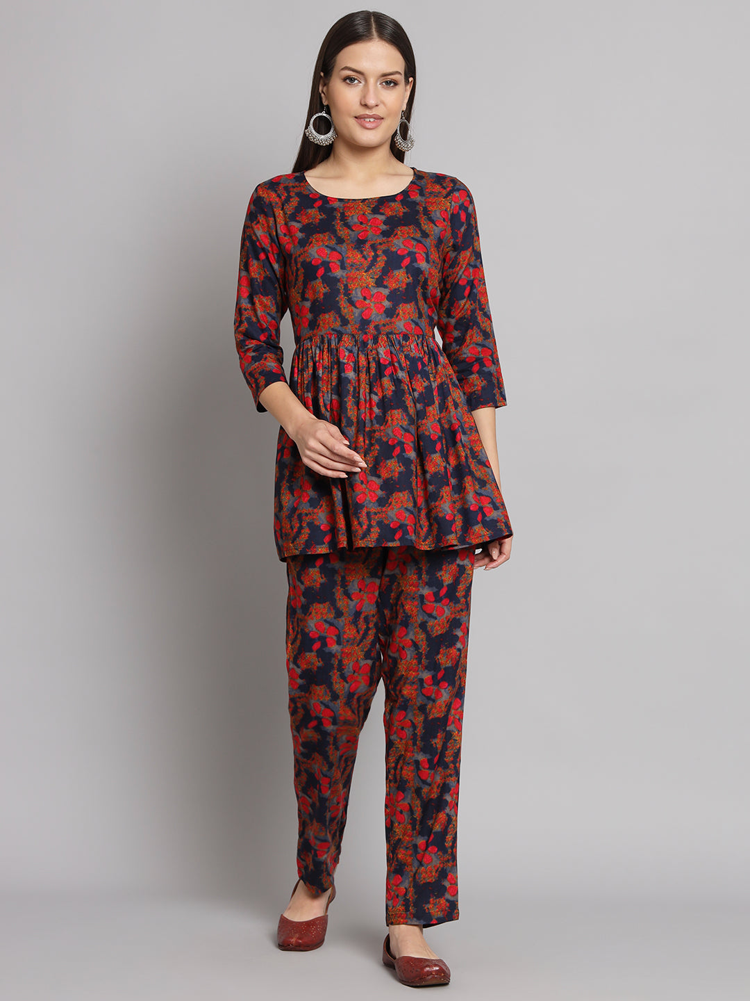 Blue Red Flower Printed Soft Rayon Co-Ord Set