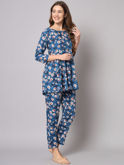 Blue Flower Printed Soft Rayon Co-Ord Set