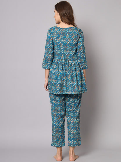 Teal Green Flower Printed Cotton Co-Ord Set