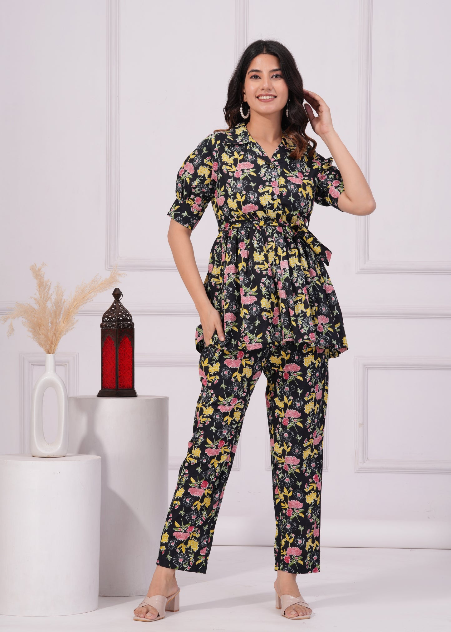 Black Floral Printed Box Pleated Co-Ord Set