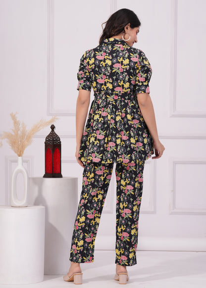Black Floral Printed Box Pleated Co-Ord Set