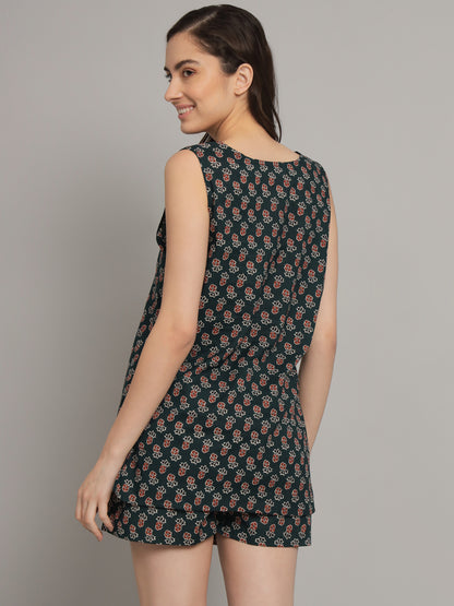 Dark Green Booti Printed Cotton Sleeveless Top with Shorts