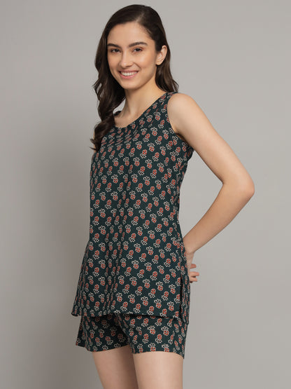 Dark Green Booti Printed Cotton Sleeveless Top with Shorts