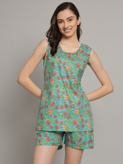 Green Flower Printed Cotton Co-Ord Set