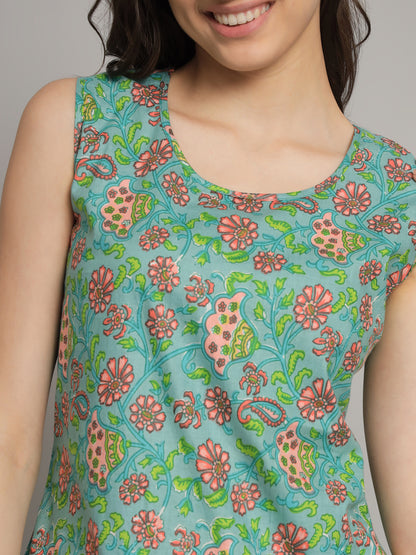 Green Flower Printed Cotton Co-Ord Set