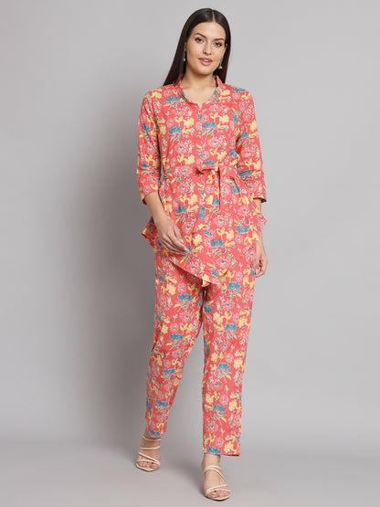 Peach Floral Printed Cotton Co-Ord Set